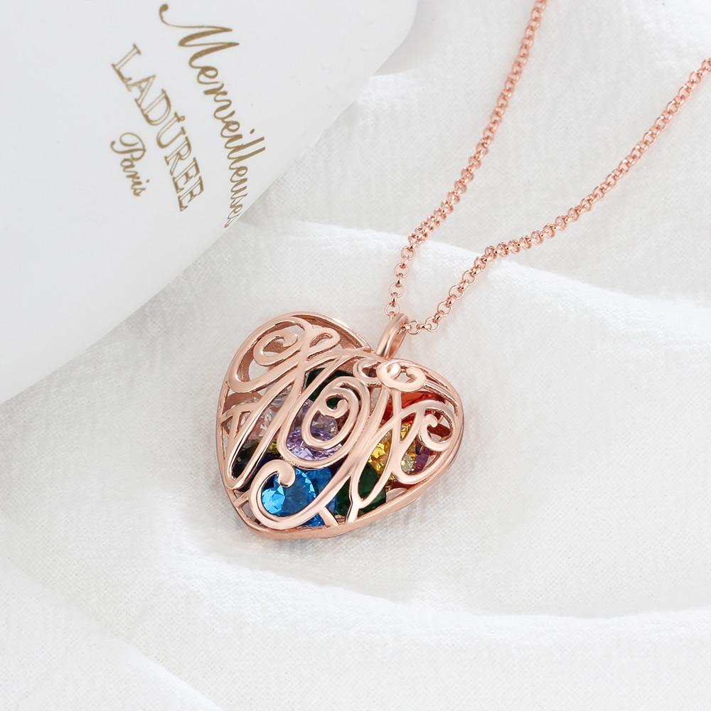 Heart Hollow Pattern With Birthstone Personalized Gifts For Love Rose Gold Color Pendant Necklace Jewelry-Customized Jewel