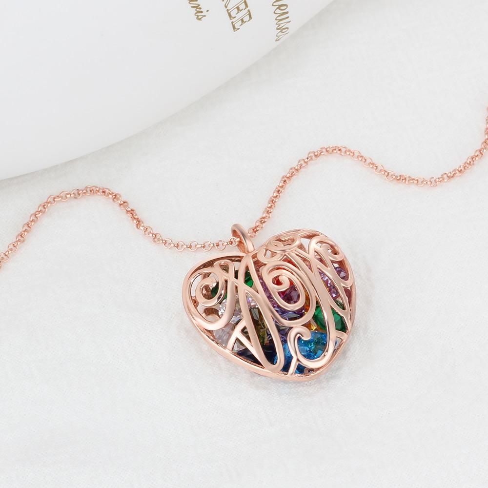Heart Hollow Pattern With Birthstone Personalized Gifts For Love Rose Gold Color Pendant Necklace Jewelry-Customized Jewel