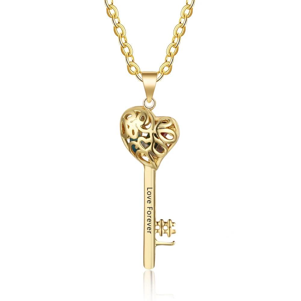 Gold Color Personalized 925 Sterling Silver Name Engraved Necklace with Birthstones, Key Shaped Women’s Pendant, Trendy Jewelry Gift-Customized Jewel