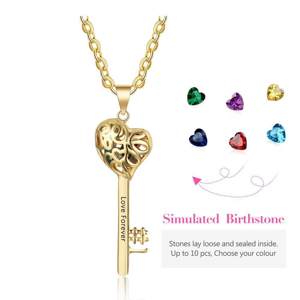 Gold Color Personalized 925 Sterling Silver Name Engraved Necklace with Birthstones, Key Shaped Women’s Pendant, Trendy Jewelry Gift-Customized Jewel