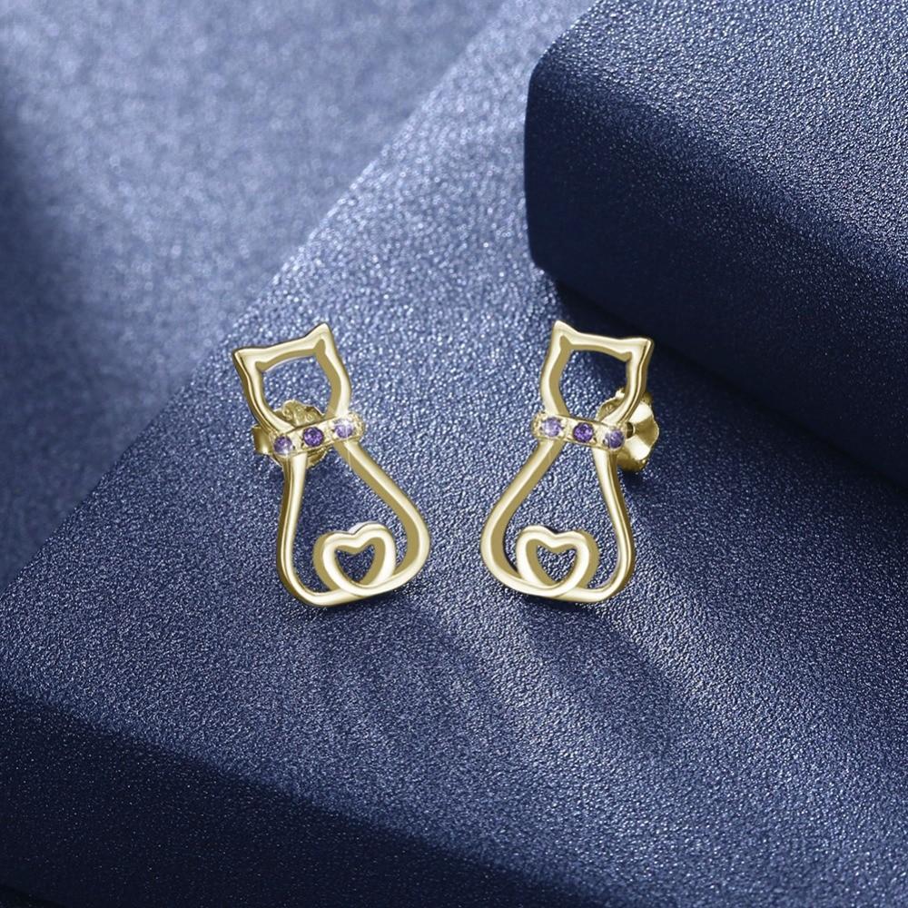 925 Silver Stud Purple CZ Stone Earrings, Cute Cat Animal-shaped Jewelry, Trendy Fashion Gift for Women-Customized Jewel