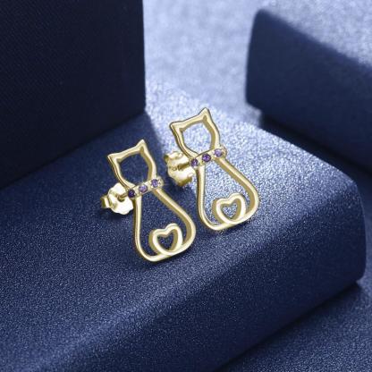 925 Silver Stud Purple CZ Stone Earrings, Cute Cat Animal-shaped Jewelry, Trendy Fashion Gift for Women-Customized Jewel