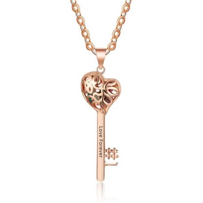 Key Shape With Birthstone Rose Gold Color Personalized Gift Engrave Name 925 Sterling Silver Pendant Necklace-Customized Jewel