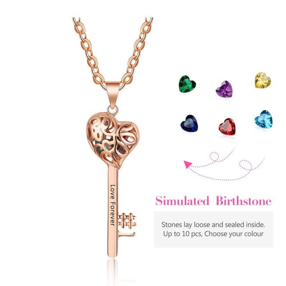 Key Shape With Birthstone Rose Gold Color Personalized Gift Engrave Name 925 Sterling Silver Pendant Necklace-Customized Jewel