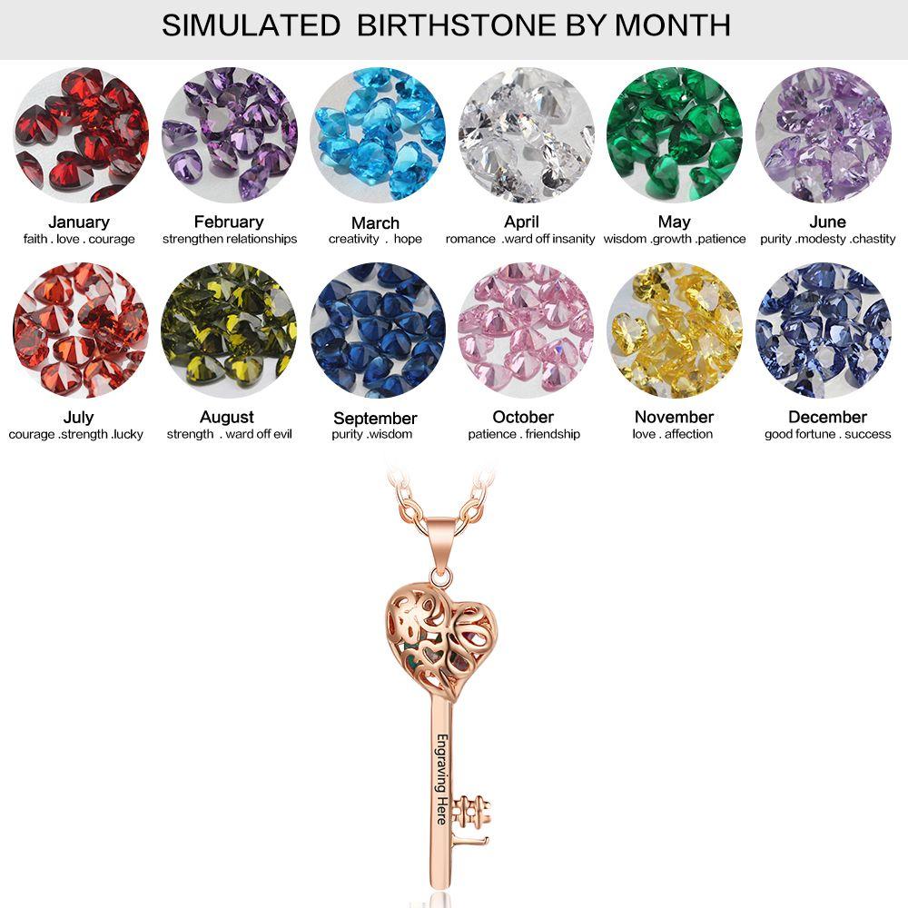 Key Shape With Birthstone Rose Gold Color Personalized Gift Engrave Name 925 Sterling Silver Pendant Necklace-Customized Jewel