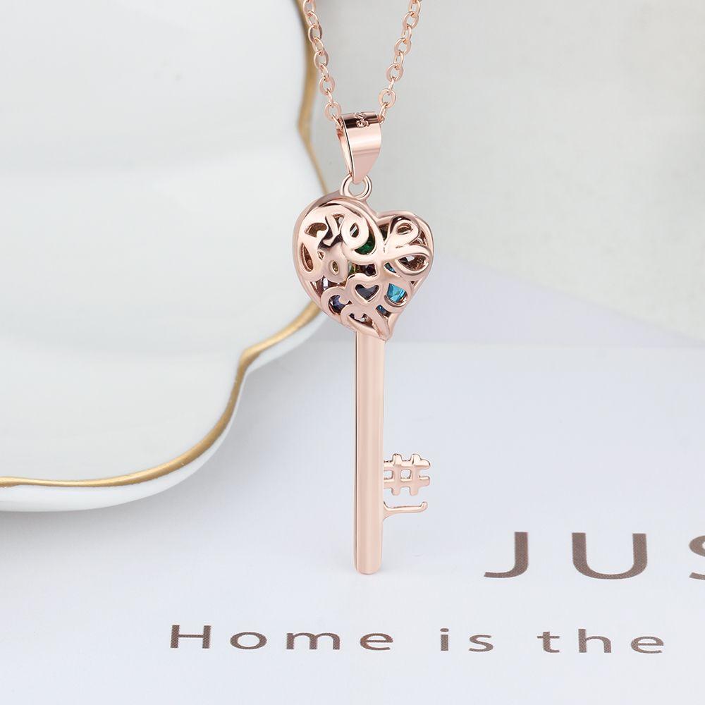 Key Shape With Birthstone Rose Gold Color Personalized Gift Engrave Name 925 Sterling Silver Pendant Necklace-Customized Jewel