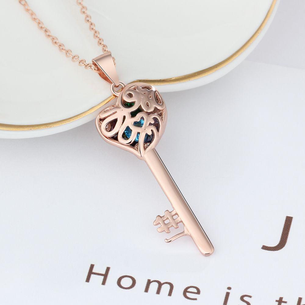 Key Shape With Birthstone Rose Gold Color Personalized Gift Engrave Name 925 Sterling Silver Pendant Necklace-Customized Jewel