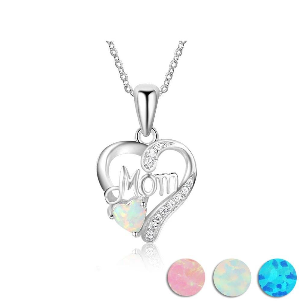Women’s 925 Sterling Silver Necklace with Heart Shape CZ Stone Pendant & Opal, Best Trendy Jewelry Gift for Mom-Customized Jewel