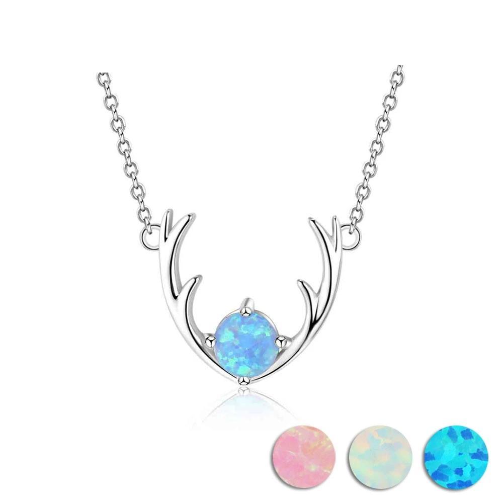 Women’s 925 Sterling Silver Necklace & Deer Head Design Pendant with Blue Opal, Trendy Party Jewelry-Customized Jewel