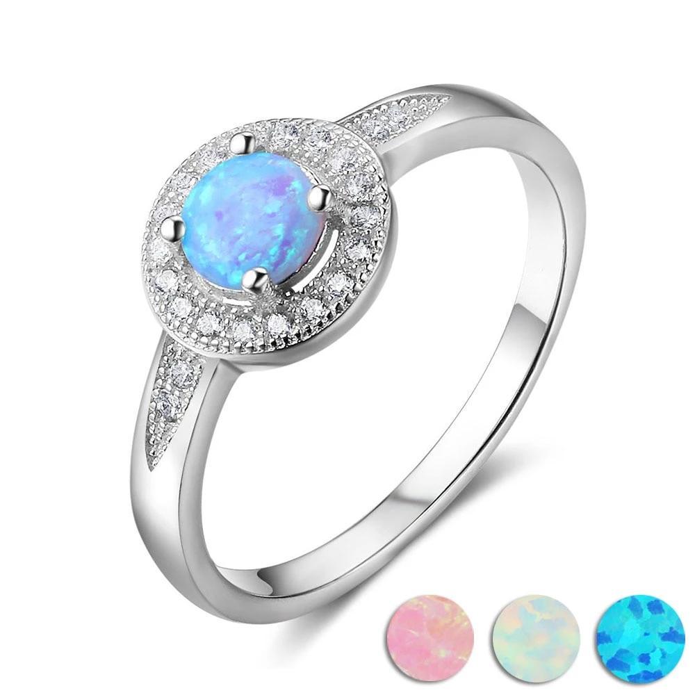 925 Sterling Silver Rings with 5mm Round Blue Opal, Trendy Wedding Bands for Women-Customized Jewel