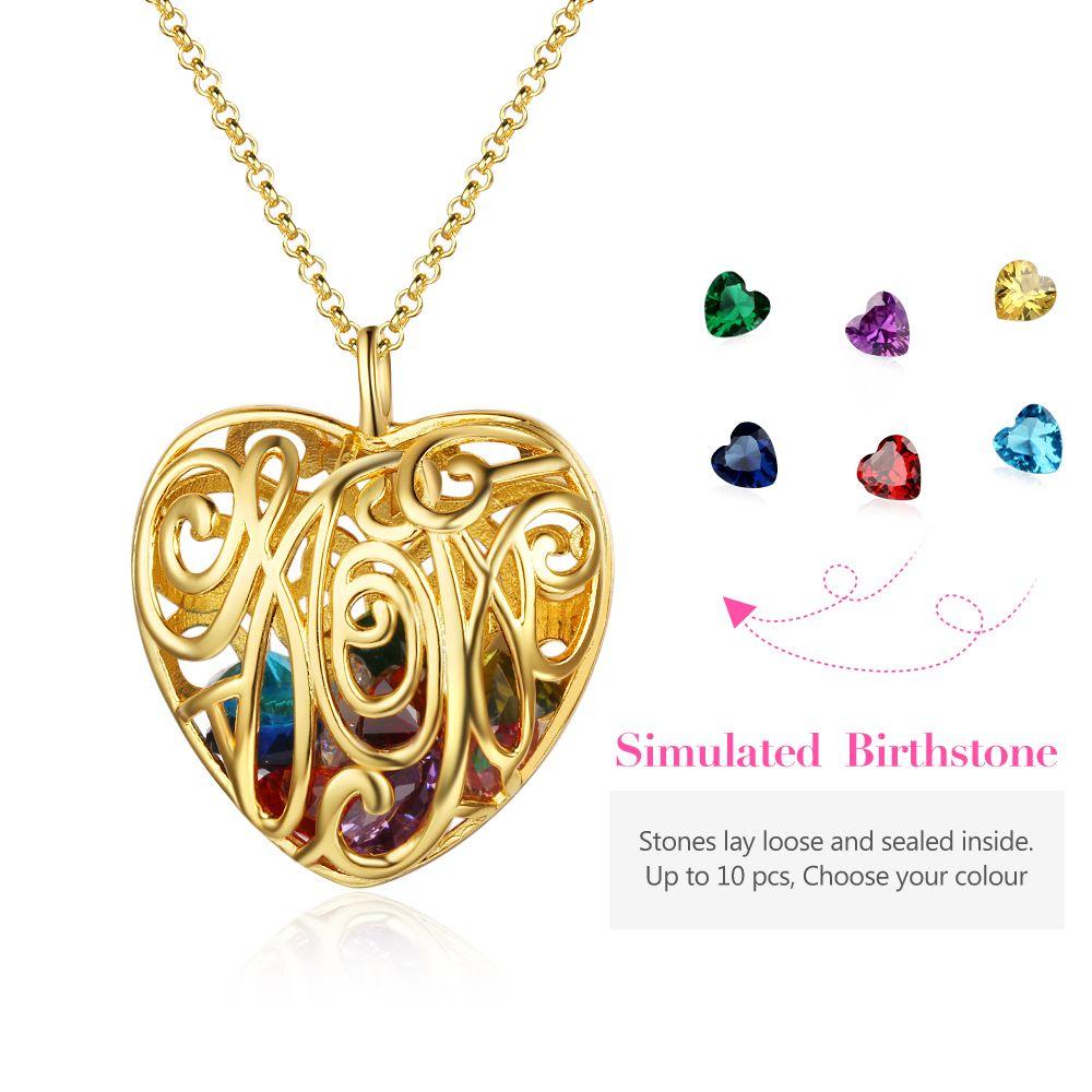 Heart Hollow With Birthstone Personalized Gifts Gold Color 925 Sterling Silver Pendant Necklace Women Jewelry-Customized Jewel