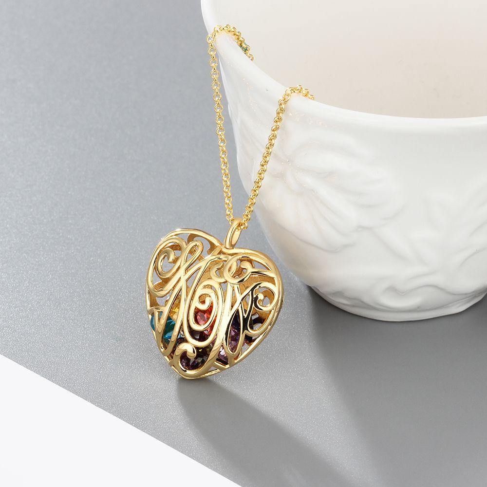 Heart Hollow With Birthstone Personalized Gifts Gold Color 925 Sterling Silver Pendant Necklace Women Jewelry-Customized Jewel