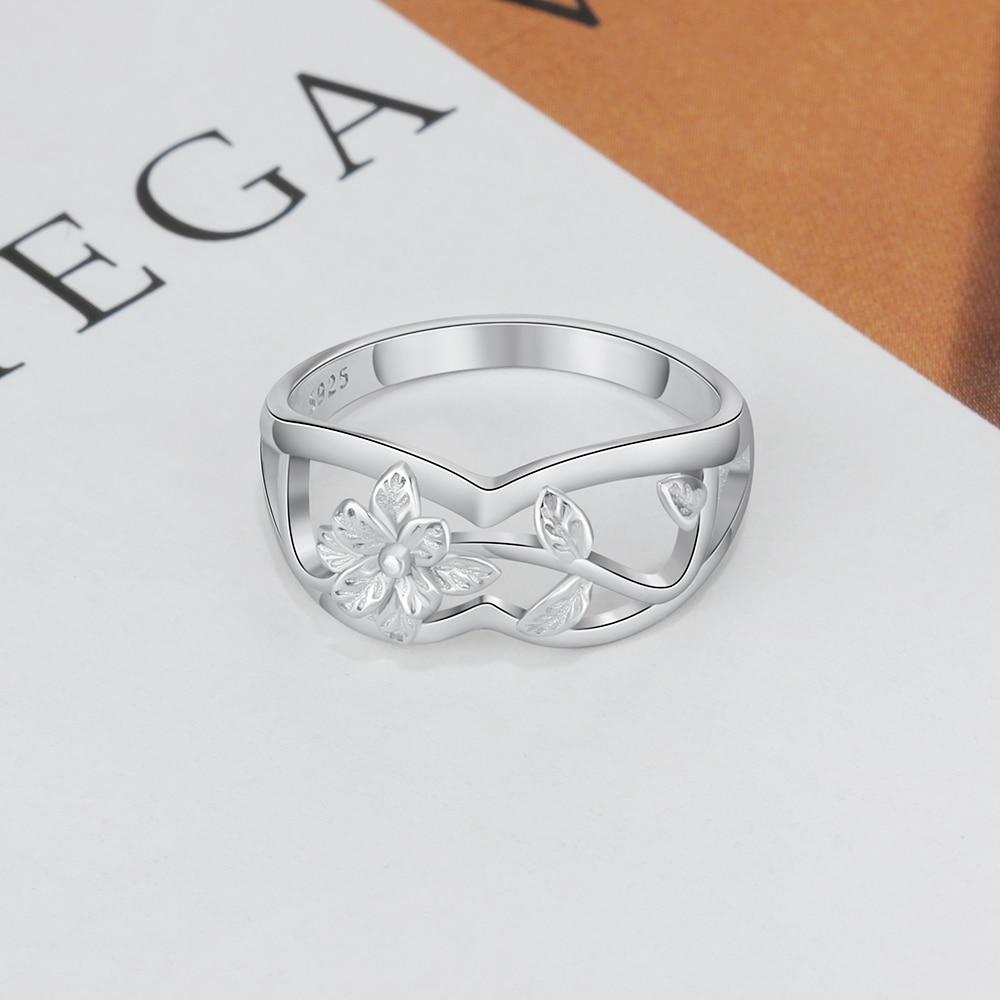 New Women Solid 925 Sterling Silver Rings Hollow Flower & Leaf Shape Fashion Jewelry Rings Gift For Girls-Customized Jewel