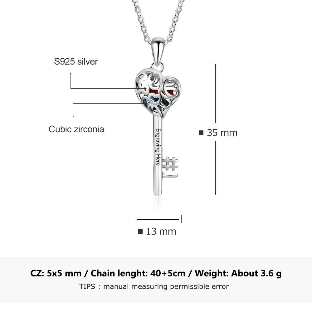 Key Shape With Birthstone Personalized Gifts Engrave Name 925 Sterling Silver Pendant Necklace Women Jewelry-Customized Jewel