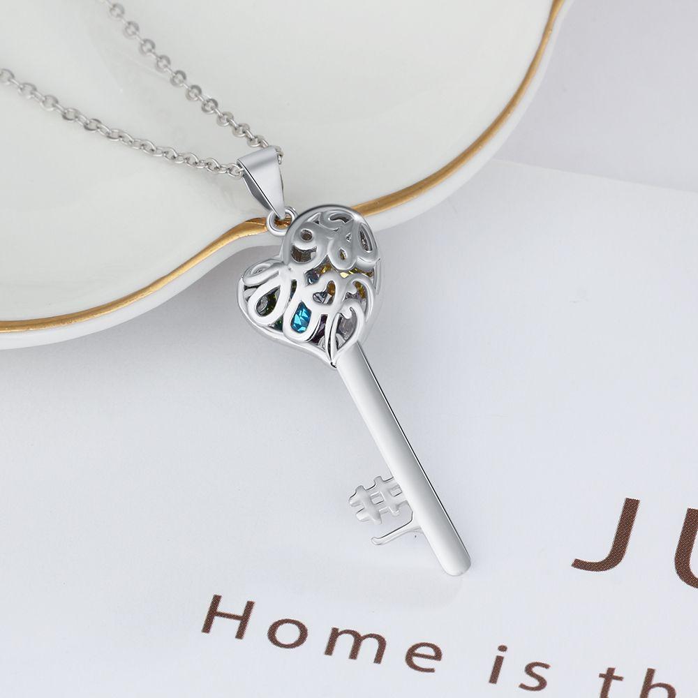 Key Shape With Birthstone Personalized Gifts Engrave Name 925 Sterling Silver Pendant Necklace Women Jewelry-Customized Jewel