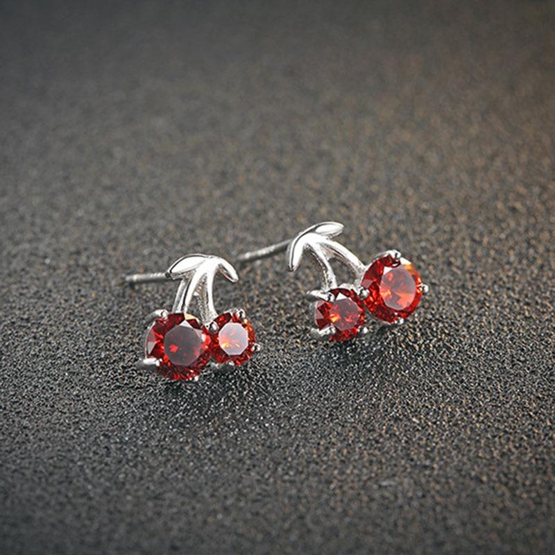Romantic 925 Silver Red Cherry Stud Earrings for Women, Fashion Jewelry Anniversary Gift for Girls-Customized Jewel