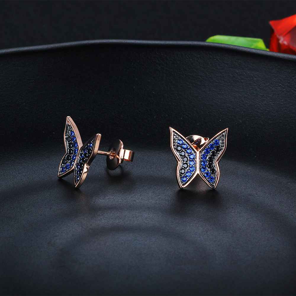 Cute 925 Silver Blue & Black CZ Butterfly Stud Earrings for Women, Best Fashion Gift Jewelry-Customized Jewel