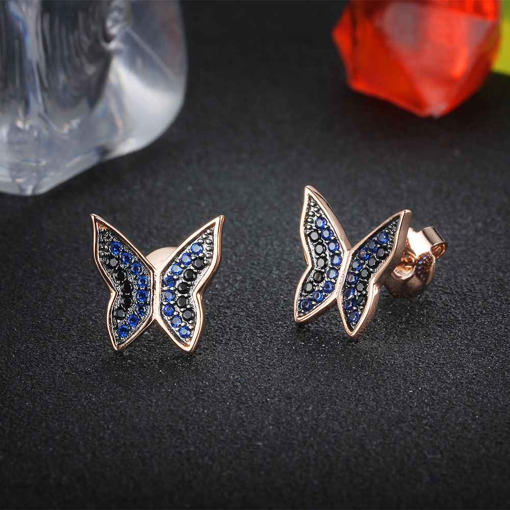 Cute 925 Silver Blue & Black CZ Butterfly Stud Earrings for Women, Best Fashion Gift Jewelry-Customized Jewel
