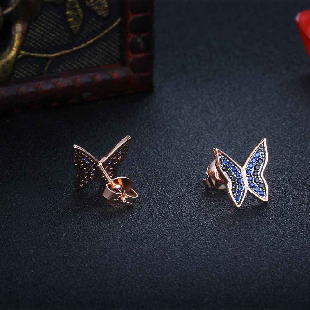 Cute 925 Silver Blue & Black CZ Butterfly Stud Earrings for Women, Best Fashion Gift Jewelry-Customized Jewel