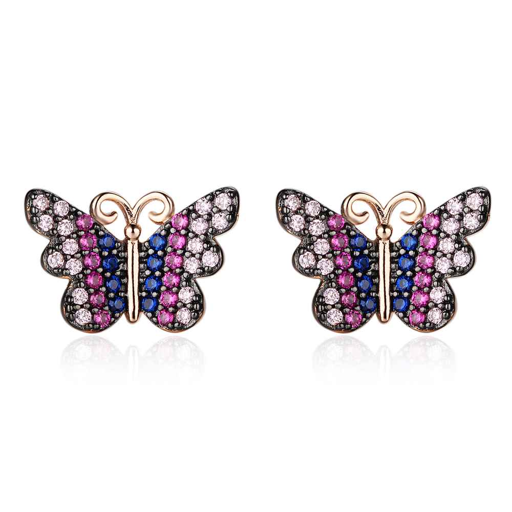 Beautiful 925 Silver Pink Butterfly Stud Earrings for Women, Fashion Party Gift for Best Friends-Customized Jewel