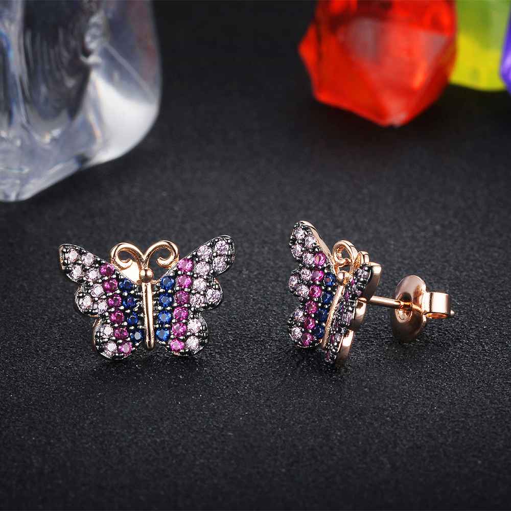 Beautiful 925 Silver Pink Butterfly Stud Earrings for Women, Fashion Party Gift for Best Friends-Customized Jewel