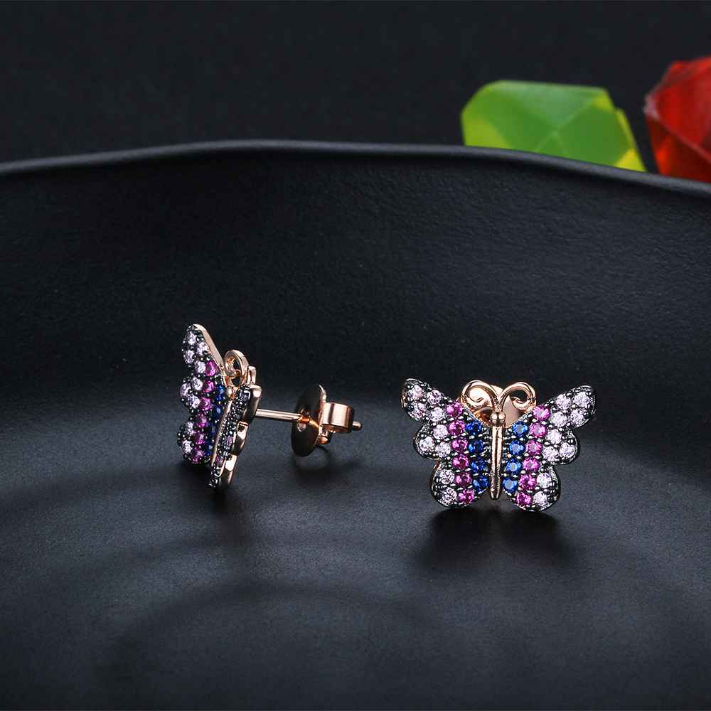 Beautiful 925 Silver Pink Butterfly Stud Earrings for Women, Fashion Party Gift for Best Friends-Customized Jewel