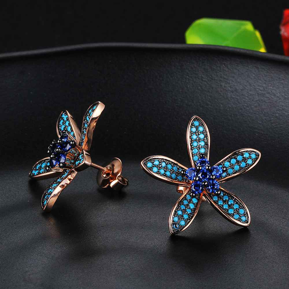 Unique 925 Silver Lilac Flower Stud Earrings with Blue Cubic Zirconia Stones, Fashion Jewelry Ear Stud, Best Gift Option for Women-Customized Jewel