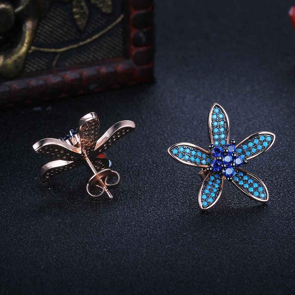 Unique 925 Silver Lilac Flower Stud Earrings with Blue Cubic Zirconia Stones, Fashion Jewelry Ear Stud, Best Gift Option for Women-Customized Jewel