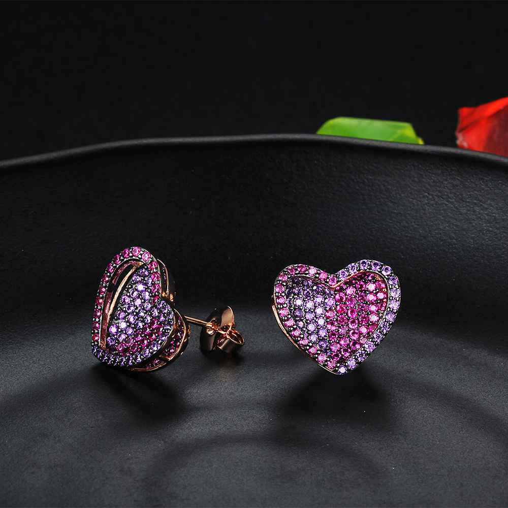 Unique 925 Silver Rose Red CZ Heart Stud Earrings for Women, Cute Designed Fashion Gift for Girlfriend-Customized Jewel