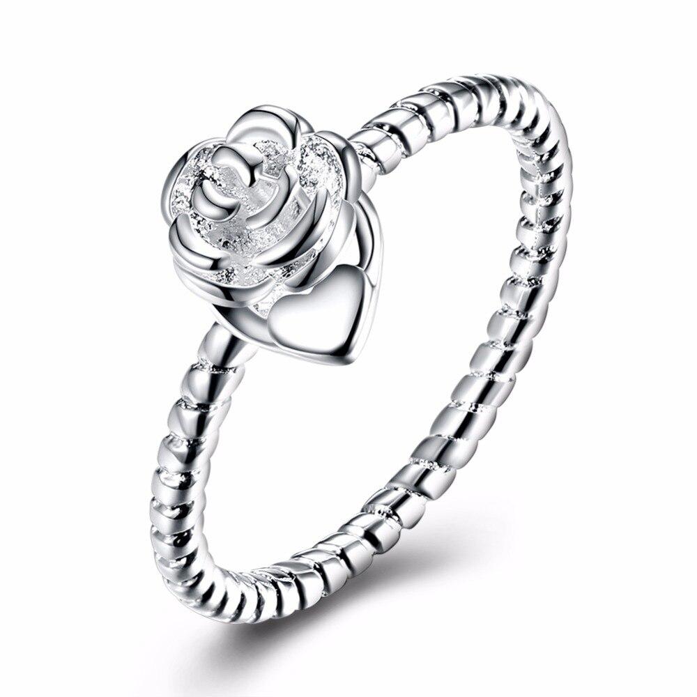 Rose Shape With Heart Design Rings For Women Party Accessories Silver Color Fashion OL Jewelry Gift For Her-Customized Jewel