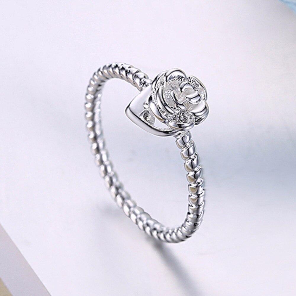 Rose Shape With Heart Design Rings For Women Party Accessories Silver Color Fashion OL Jewelry Gift For Her-Customized Jewel
