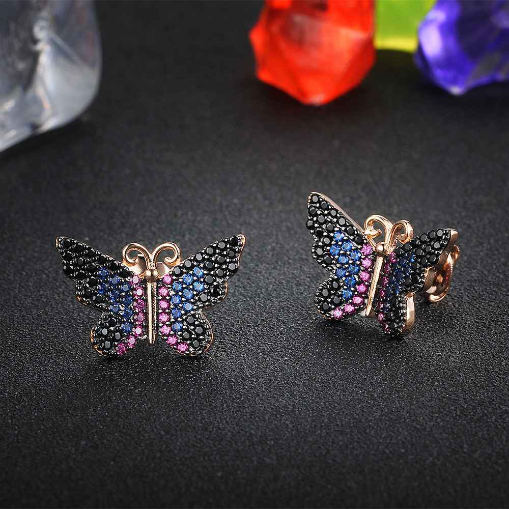 Women’s 925 Sterling Silver Earrings, Butterfly Shaped with Multi-colored CZ Stones, Trendy Birthday Gift for Girls-Customized Jewel