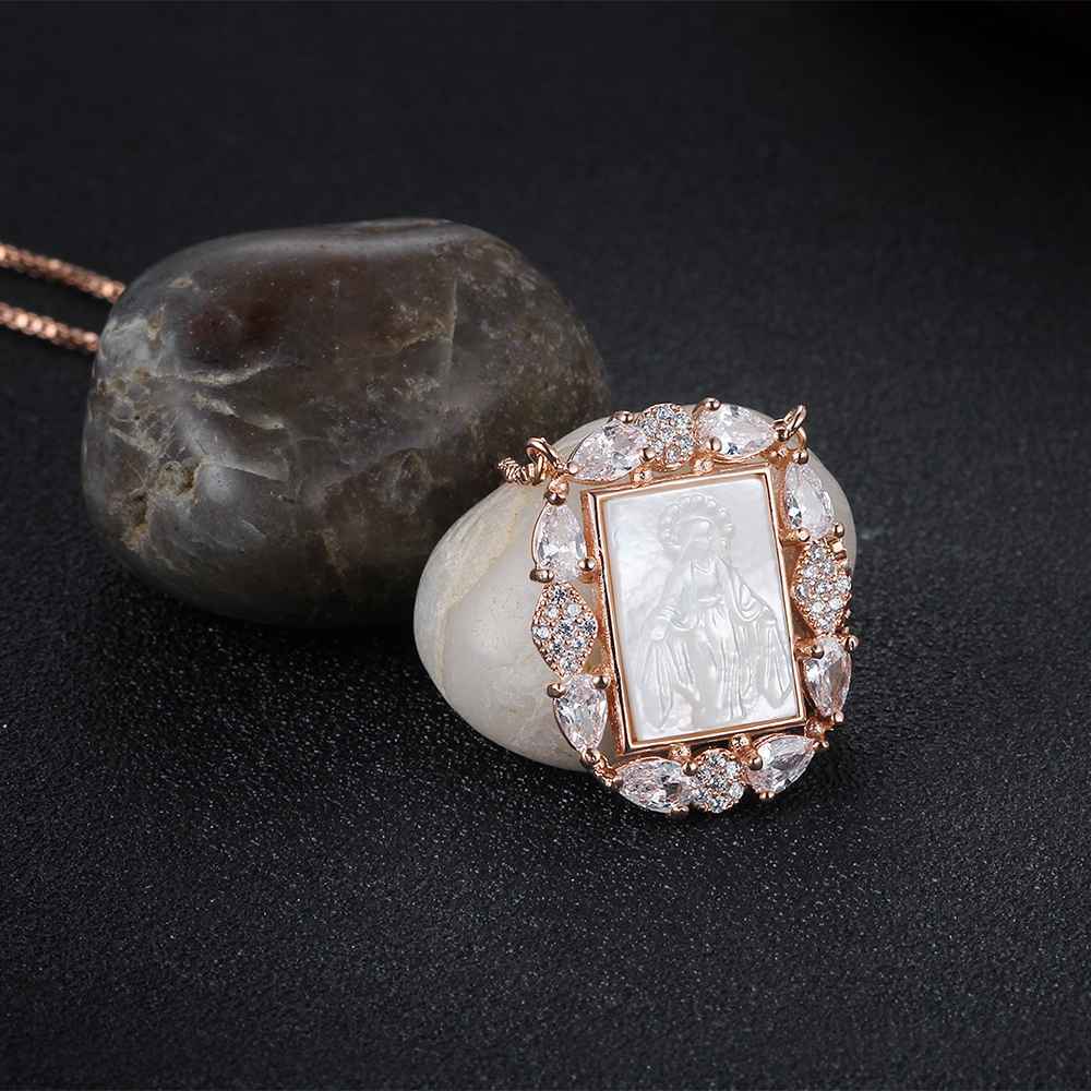 Personalized 925 Sterling Silver Unique Stone Deity Emboss Cubic Zirconia Necklaces, Trendy Gift for Women-Customized Jewel