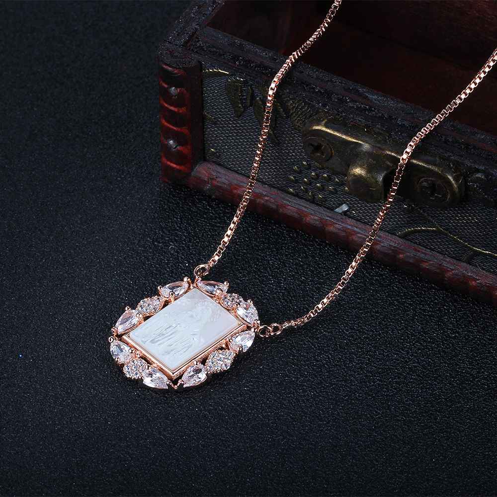 Personalized 925 Sterling Silver Unique Stone Deity Emboss Cubic Zirconia Necklaces, Trendy Gift for Women-Customized Jewel