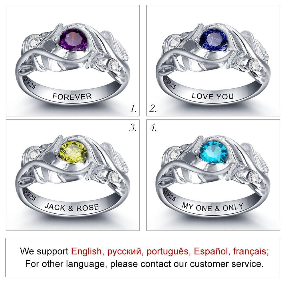 Personalized 925 Sterling Silver Leaf Rings for Women – Engraved Name – Custom Birthstone – Trendy Jewelry with Free Gift Box-Customized Jewel