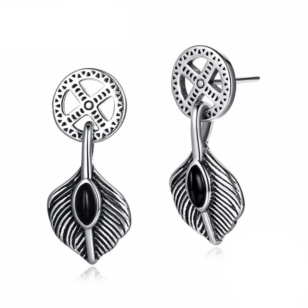 Vintage Leaves Shape Black Gun Color Solid 925 Sterling Silver Stud Earrings For Women Fashion Party Jewelry-Customized Jewel