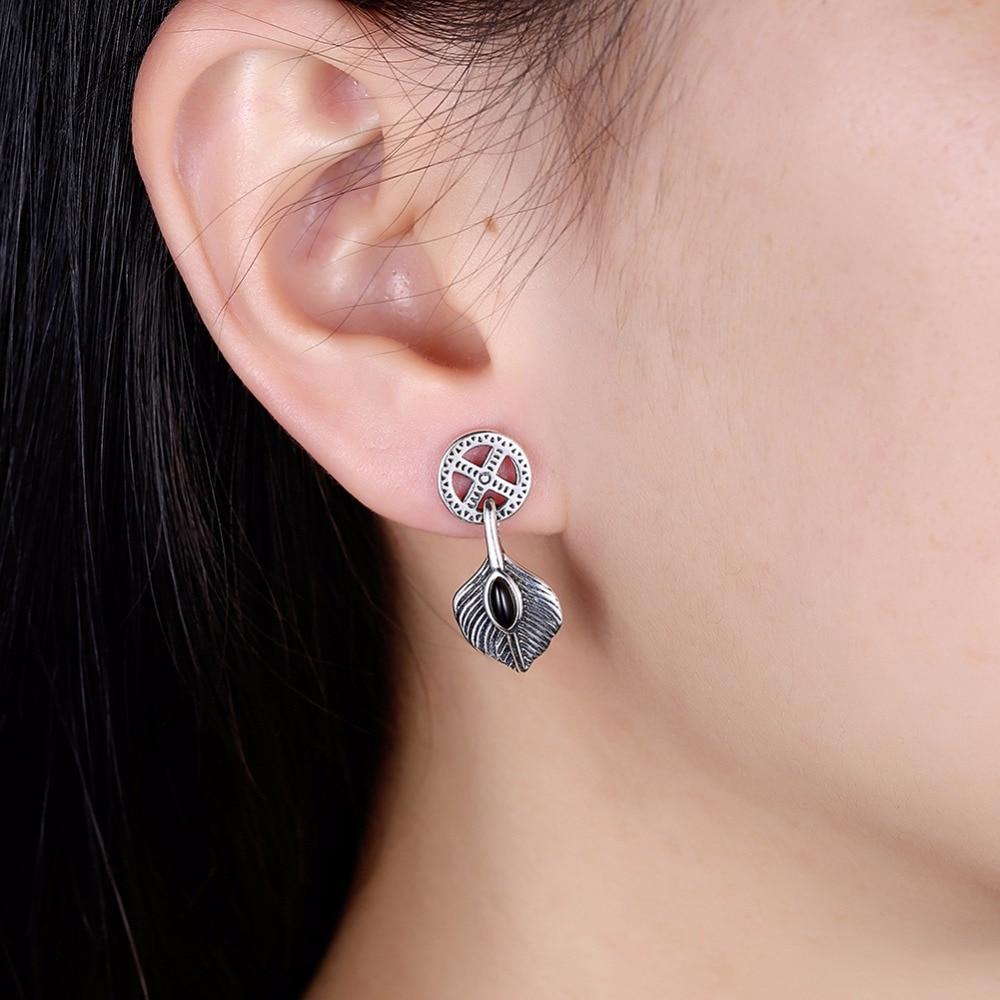 Vintage Leaves Shape Black Gun Color Solid 925 Sterling Silver Stud Earrings For Women Fashion Party Jewelry-Customized Jewel