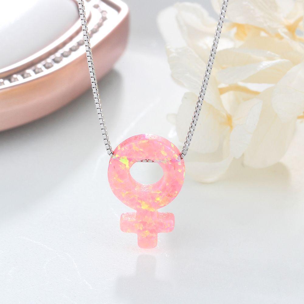 Women’s 925 Sterling Silver Necklace & Female Gender Symbol Pendant with Pink Opal, Trendy Fashion Jewelry with Box Chain-Customized Jewel