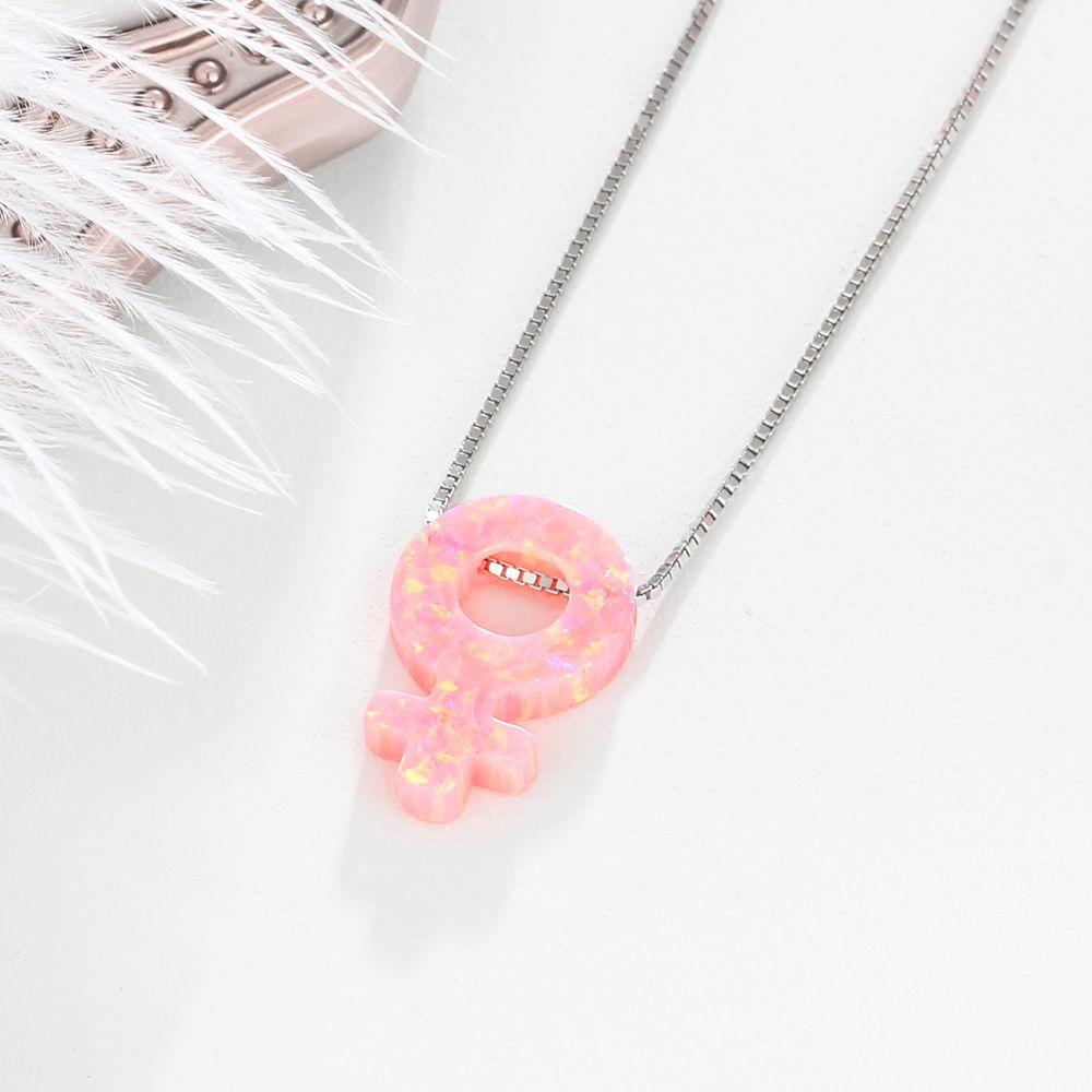 Women’s 925 Sterling Silver Necklace & Female Gender Symbol Pendant with Pink Opal, Trendy Fashion Jewelry with Box Chain-Customized Jewel