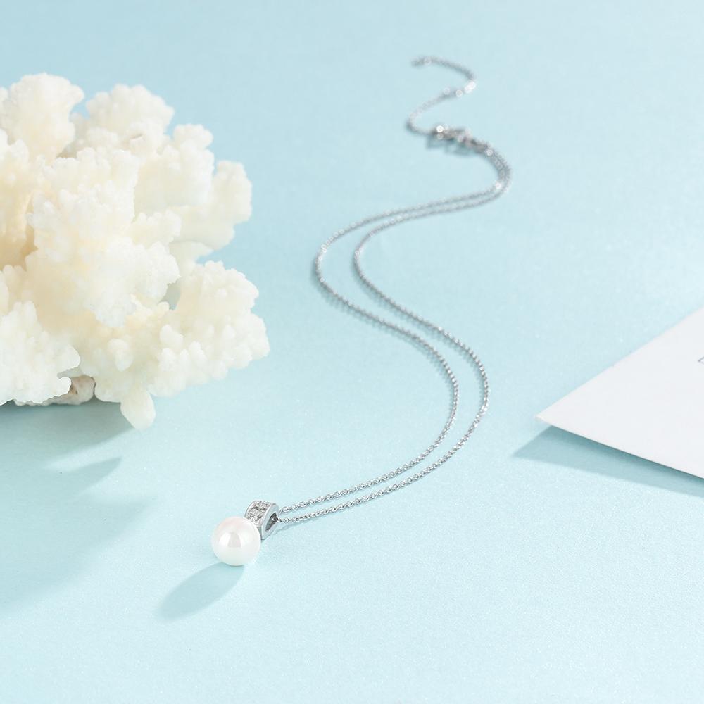 Solid 925 Sterling Silver Necklace with Simulated-Pearl Pendant, Trendy Fashion Party Jewelry for Women-Customized Jewel