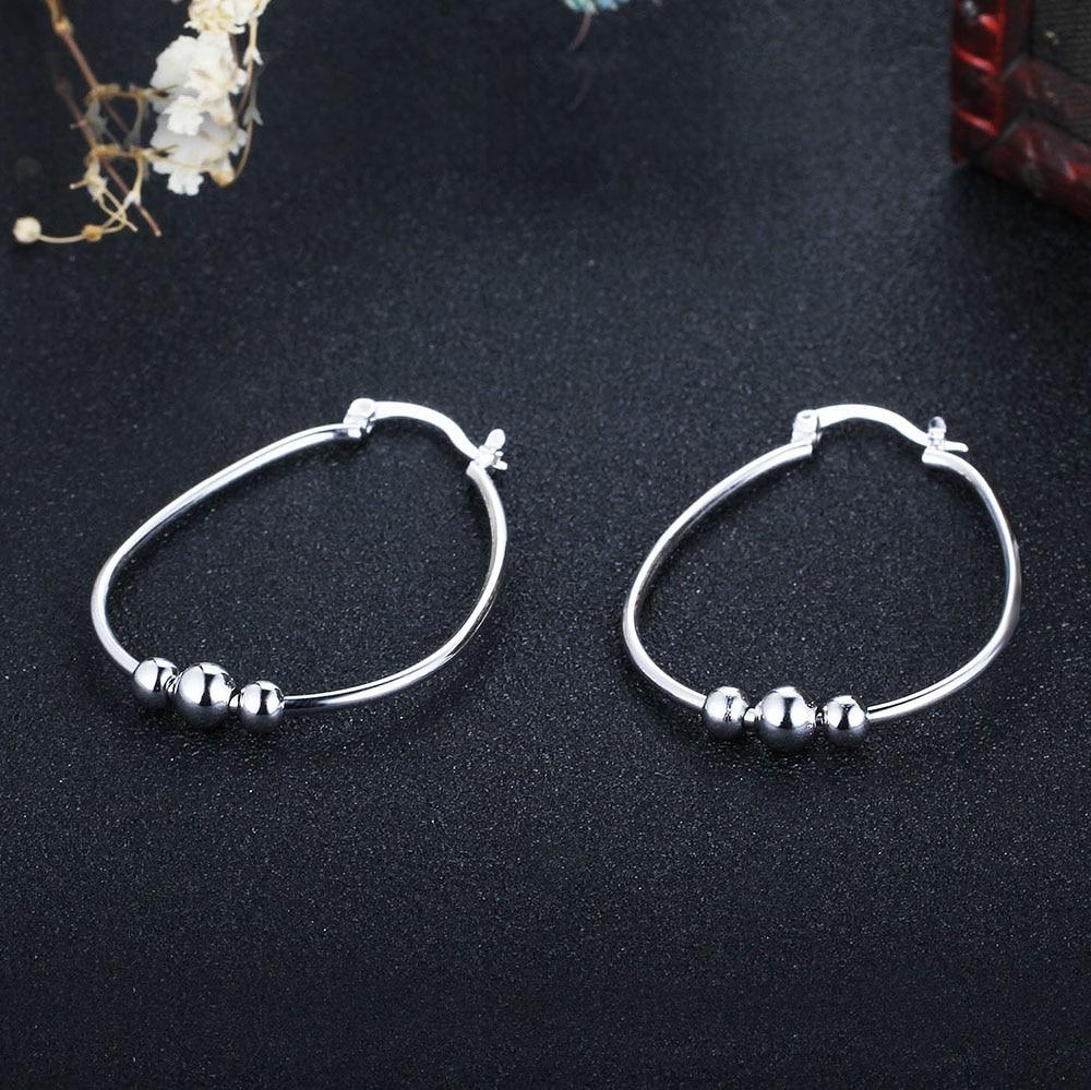 Sterling Silver Earrings - Women Fashion Jewelry - Rhodium Plated - Big Circle with Sliding Bead Hoop Earrings-Customized Jewel