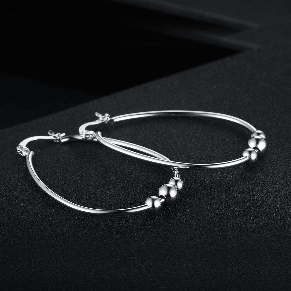 Sterling Silver Earrings - Women Fashion Jewelry - Rhodium Plated - Big Circle with Sliding Bead Hoop Earrings-Customized Jewel