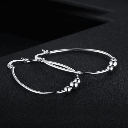 Sterling Silver Earrings - Women Fashion Jewelry - Rhodium Plated - Big Circle with Sliding Bead Hoop Earrings-Customized Jewel