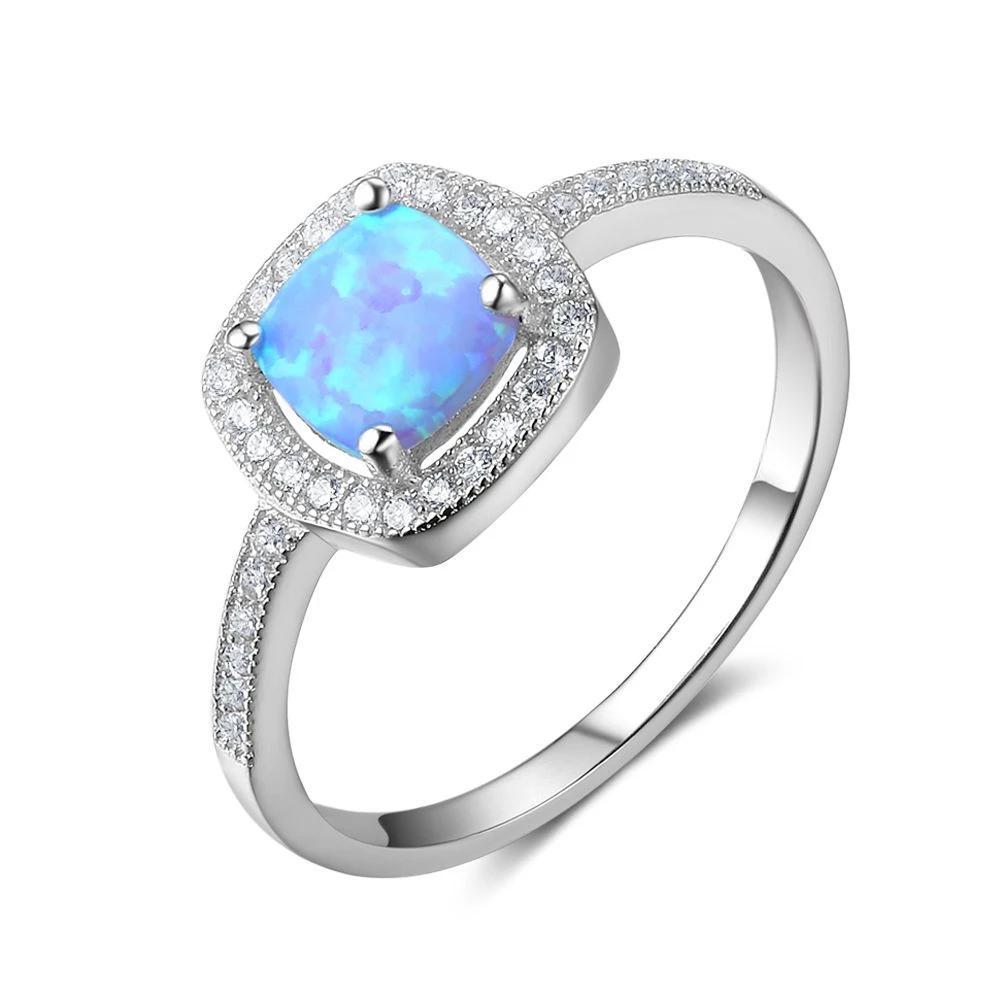 Women 100% 925 Sterling Silver Ring With Square Blue Opal Stone Ocean Style Elegant Gifts For Mommy-Customized Jewel