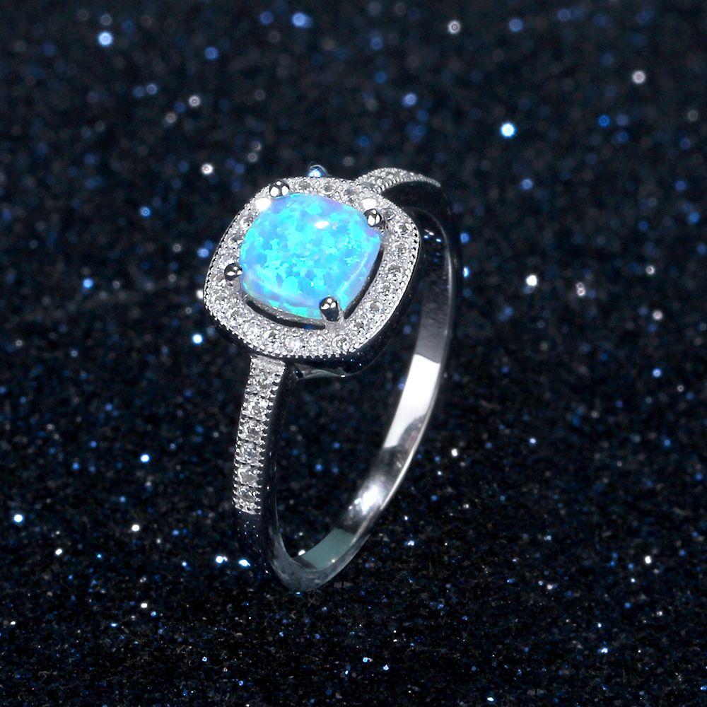 Women 100% 925 Sterling Silver Ring With Square Blue Opal Stone Ocean Style Elegant Gifts For Mommy-Customized Jewel