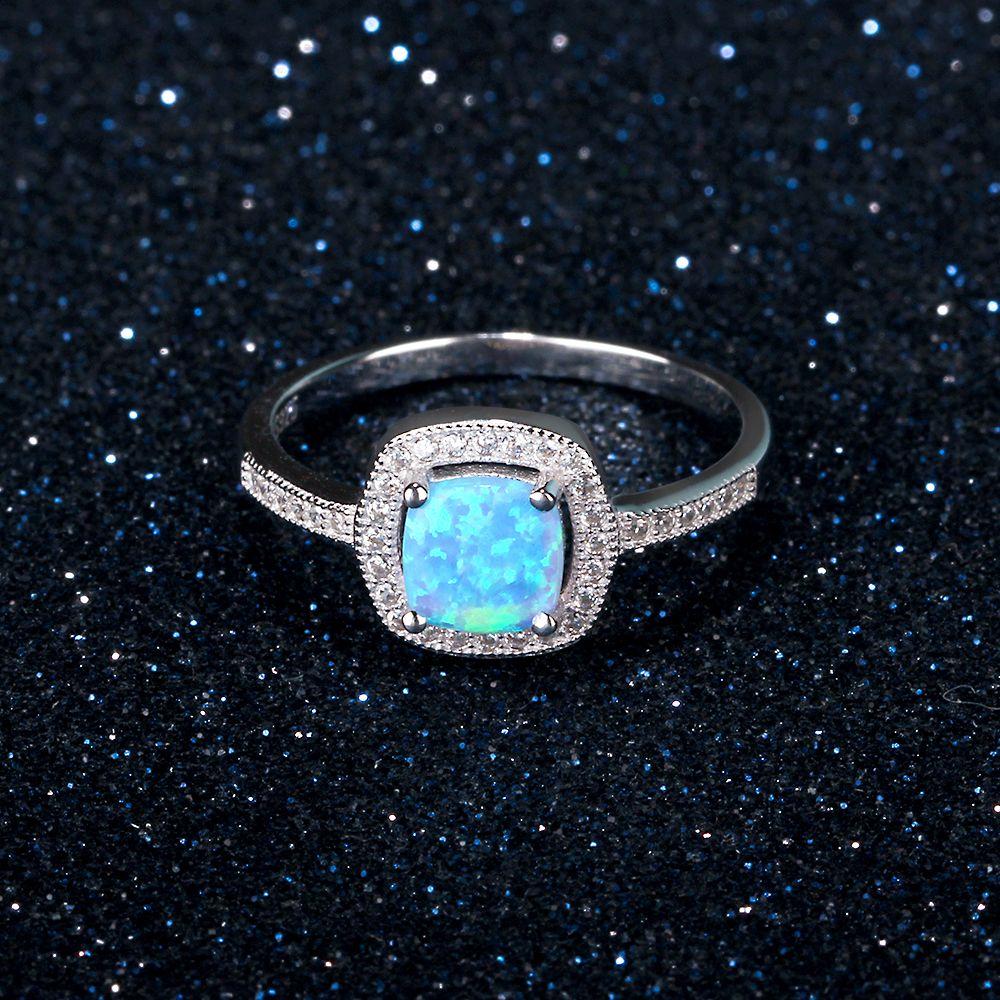 Women 100% 925 Sterling Silver Ring With Square Blue Opal Stone Ocean Style Elegant Gifts For Mommy-Customized Jewel