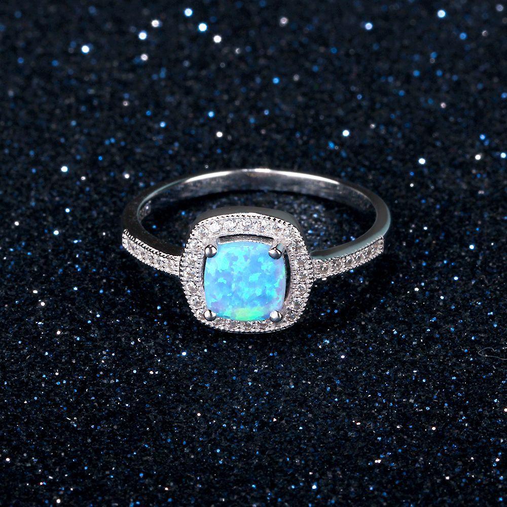 Women 100% 925 Sterling Silver Ring With Square Blue Opal Stone Ocean Style Elegant Gifts For Mommy-Customized Jewel