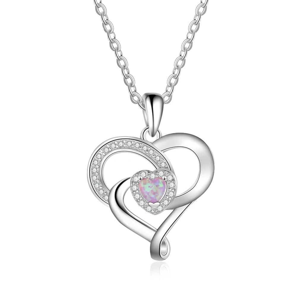 Women 925 Sterling Silver Necklace with Pink Opal Stone Heart Design Pendant, Party Jewelry-Customized Jewel