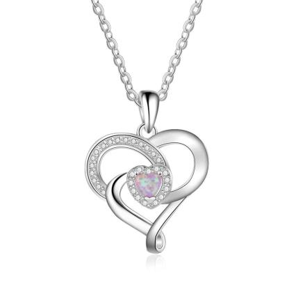 Women 925 Sterling Silver Necklace with Pink Opal Stone Heart Design Pendant, Party Jewelry-Customized Jewel