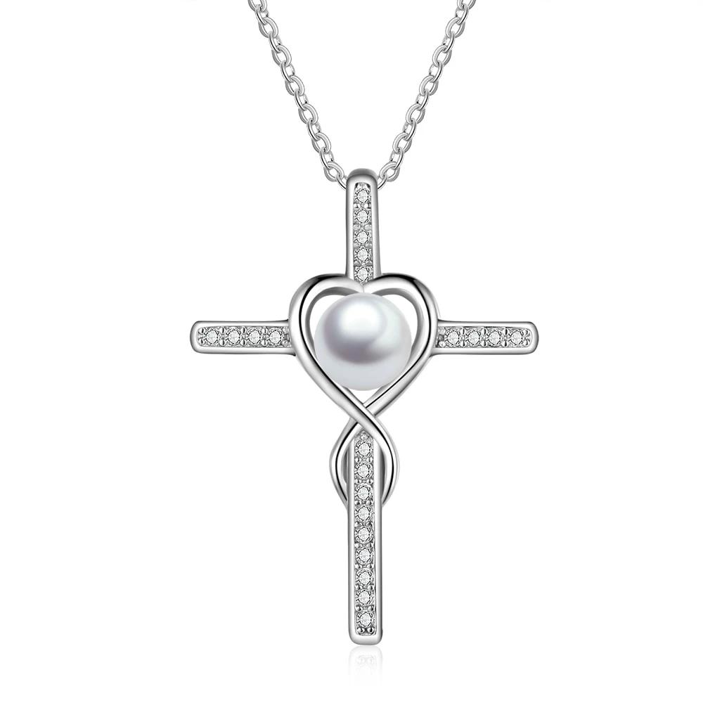 Women 925 Sterling Silver Pearl Pendant Necklace Full Zirconia Paved Cross Necklace Fine Jewelry Gift-Customized Jewel